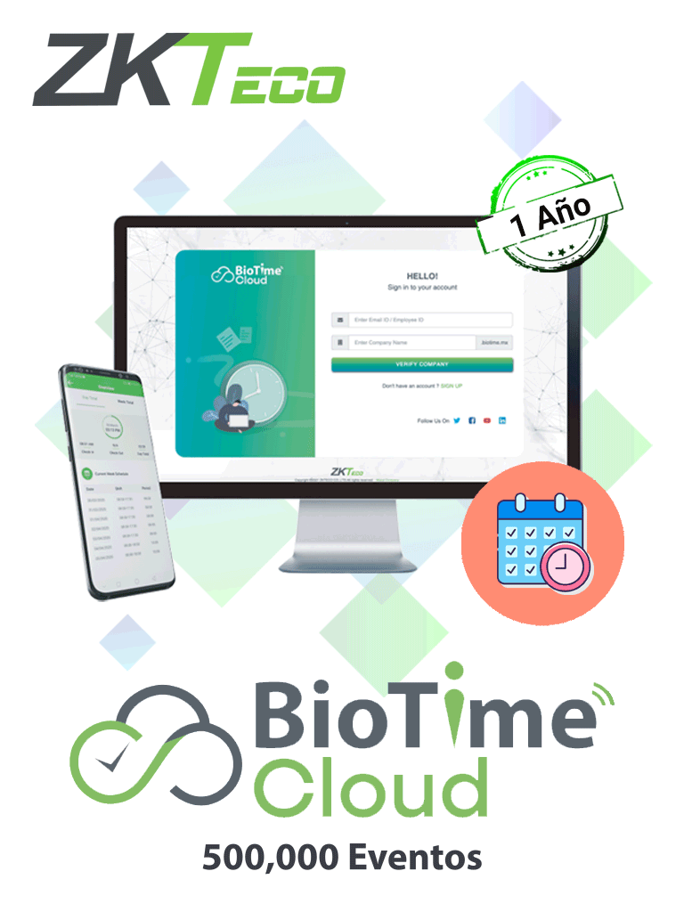  ZKTECO BIOTIMECLOUDEVENT - Licencia de asistencia en la nube para incremento de 500,000 eventos extras / renta de 1 año  	