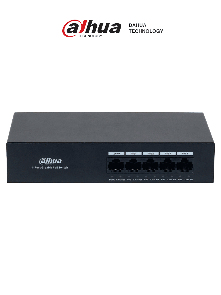 DAHUA DH-PFS3005-4GT-36 - Switch con 4 puertos Gigabit PoE y 1 puerto RJ45 10/100/1000 Mbps. Ofrece protección contra descargas eléctricas, ideal para alimentar dispositivos IP. Incluye fuente de poder integrada.