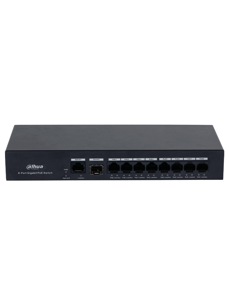 DAHUA DH-PFS3110-8GT-65 - Switch PoE inteligente con 8 puertos Gigabit, 60W de potencia total y switching de 20 Gbps. Ideal para alimentar y conectar dispositivos IP con protección contra descargas eléctricas.