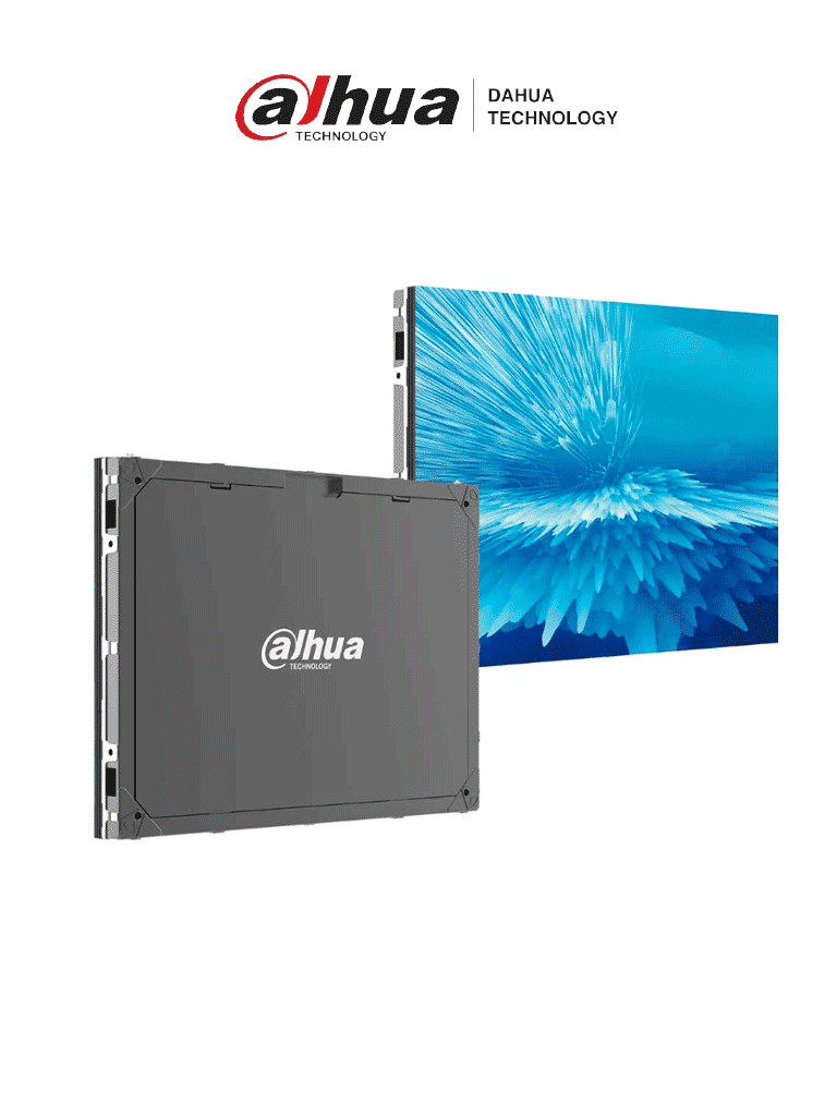 Dahua DHI-PHEIA1.8-TH Gabinete con módulos led SMD Pitch 1.8 ideal para interiores, 800 nits de brillo. Ofrece mantenimiento frontal y trasero, estructura de aluminio duradera, y dimensiones de 640x480 mm