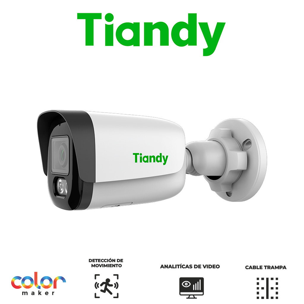 [TC-C32WP] TIANDY 2MP LITE COLORMAKER Cámara bala lente fijo - 2.8mm - IR 50m - Metal - Micrófono integrado - PoE - Soporta microSD - IP67