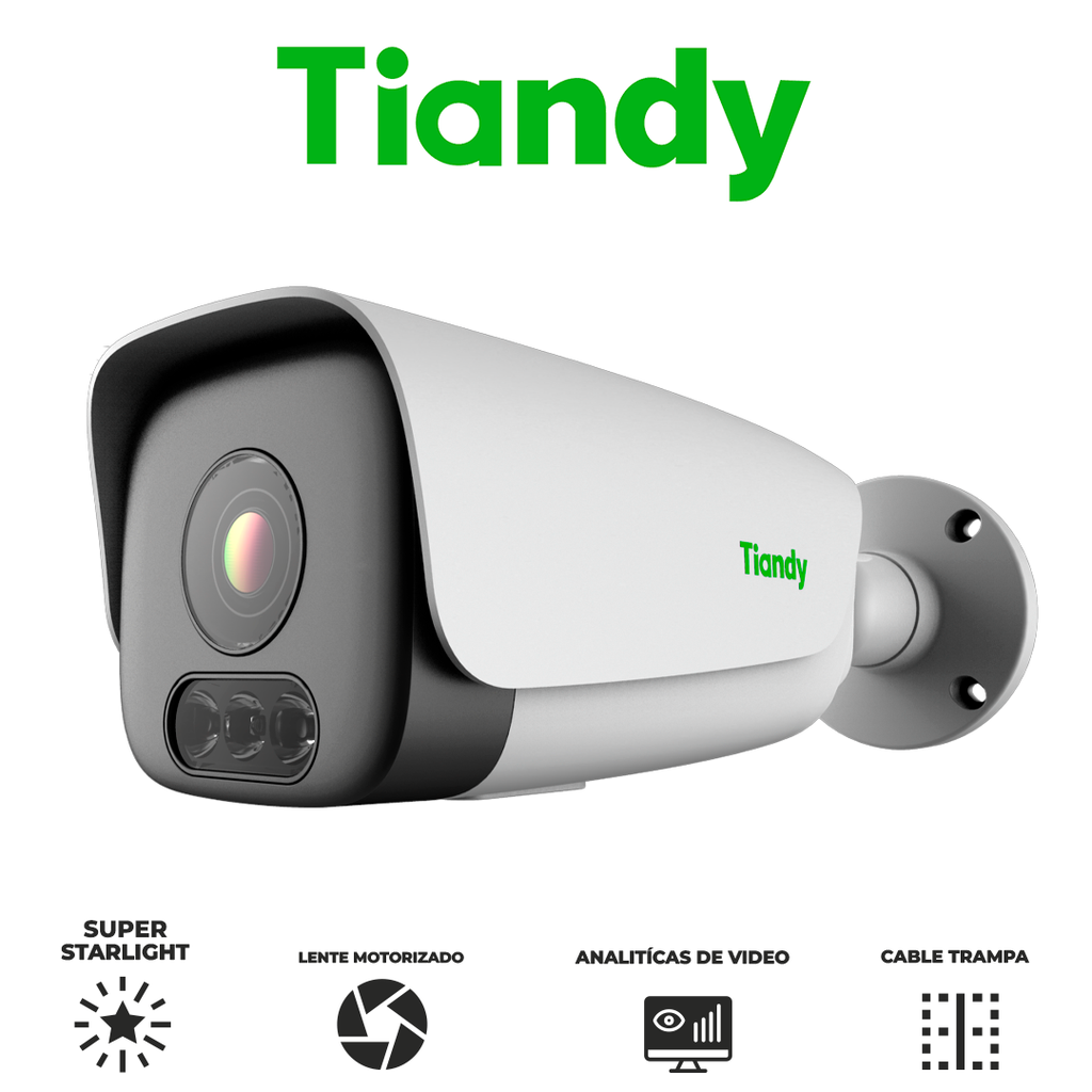 TIANDY 5MP PRO SUPER STARLIGHT Cámara Bala lente motorizado - 2.7mm 13.5mm - IR 80m - Metal - Micrófono y Speaker - PoE - IP67 - IK10