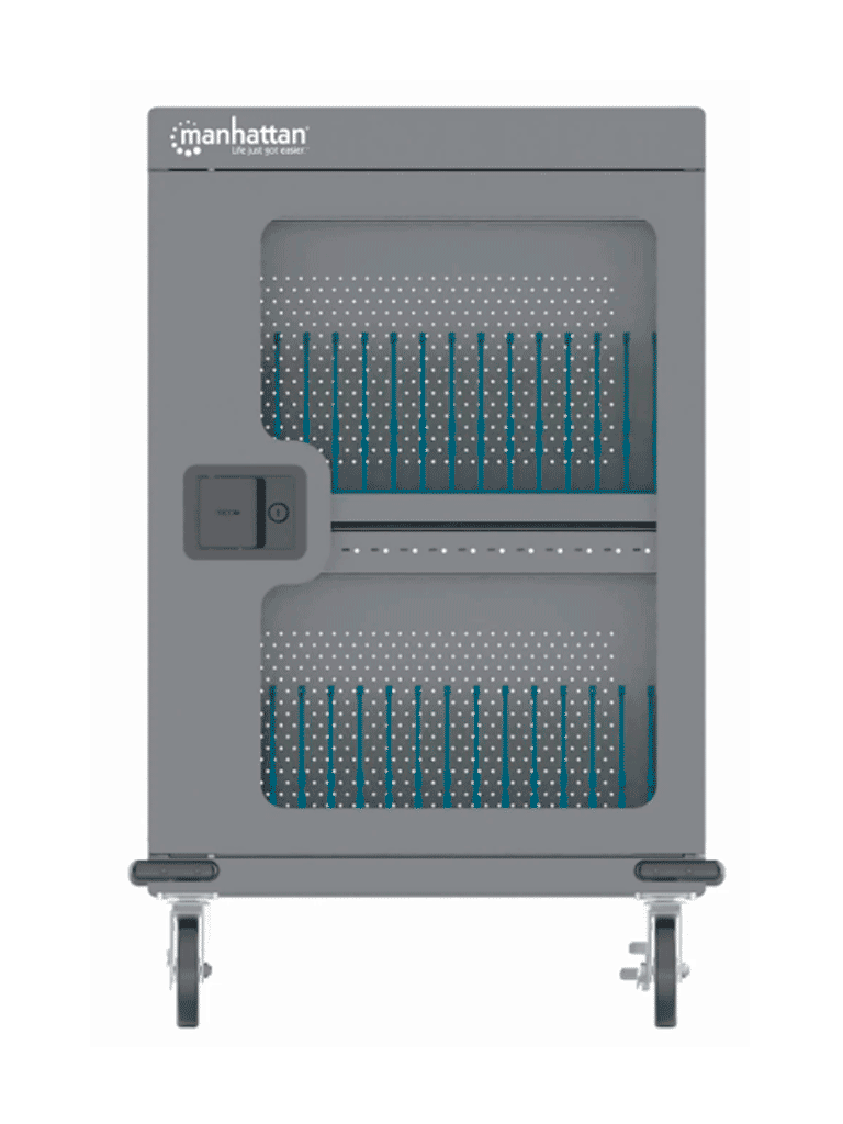[MAN4970002] MANHATTAN 102353 - Gabinete de carga con 32 puertos/ Puerta de vidrio / USB-C - 576 W 32 puertos USB-C PD / amplias bahías para Chromebooks, tabletas y teléfonos, hasta 18 W por puerto / con ventilación / carcasa metálica, negro