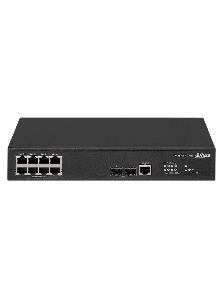 DAHUA DH-AS4300-8GT2GF- Switch Gigabit administrable de capa 2 con 8 puertos10/100/1000 Base-T y2 ranuras SFP d 1Gbps. Ofrece una capacidad de switching de 20Gbps y viene con una robusta carcasa metálica, ideal para redes de alto rendimiento #REM