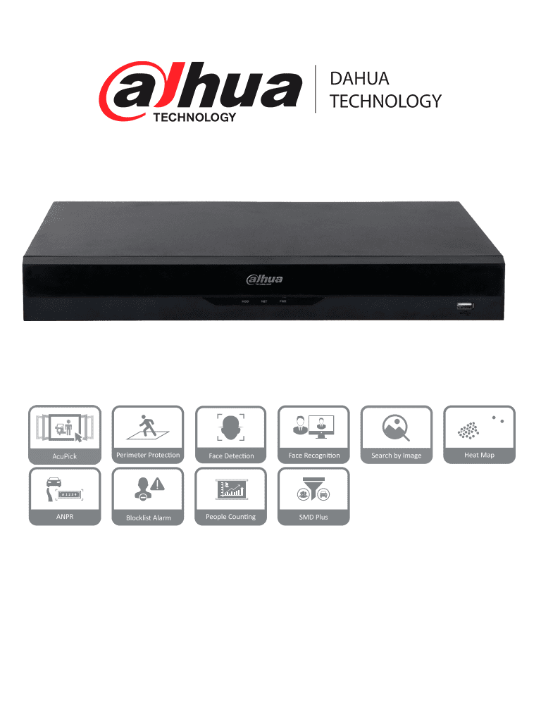 [DHT0200022] DAHUA NVR5216-16P-EI  NVR IP WizSense de 16 canales 1U/ 16PoE/ 2HDD/ H.265+/H.265/ 384 Mbps/ AcuPick / N+M cluster/   IA por grabador: FD y FR /Protección perimetral/ SMD Plus 