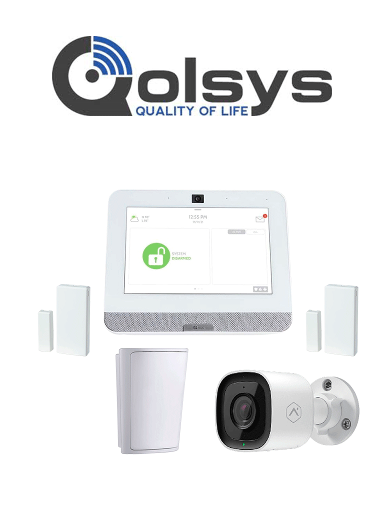 QOLSYS IQ4 Video Premium - Paquete que contiene Sistema de Alarma IQ 4 POWER G ONLY , con pantalla táctil de 7", Power G 915 Mhz  1 sensor PIR inalámbrico PG9914, 2 sensores magnéticos inalámbricos PG9303 y Cámara exterior alarm.com ADCV724