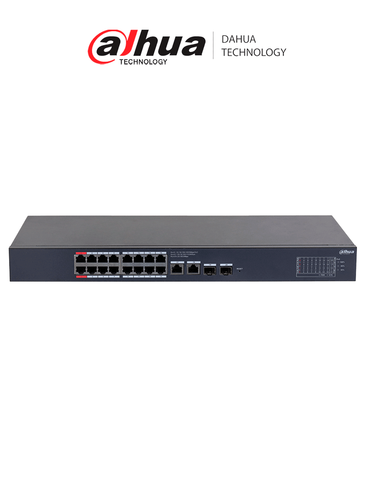 DAHUA DH-CS4220-16GT-190 Switch Poe de 16 Puertos Gigabit  con PoE inteligente, puerto rojo de 90W, 190W totales, 2 puertos SFP, PoE Watchdog, switching de 40 Gbps y protección avanzada contra descargas. Plataforma DoLynk Care/ #LoNuevo