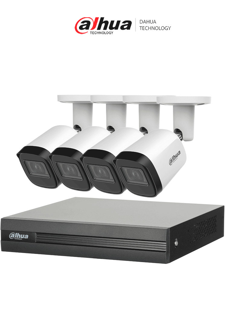 [DHT0250025] DAHUA KITXVR1B04H-I4B2A51-U - Kit de 4 Cámaras metálicas 5 MP Lente de 2.8mm y un DVR Cooper-I WizSense, 4 Canales + 1 IP o Hasta 5 Canales IP. Soporta Con IA, H.265+, SMD Plus y Búsqueda de Humanos y Vehículos.