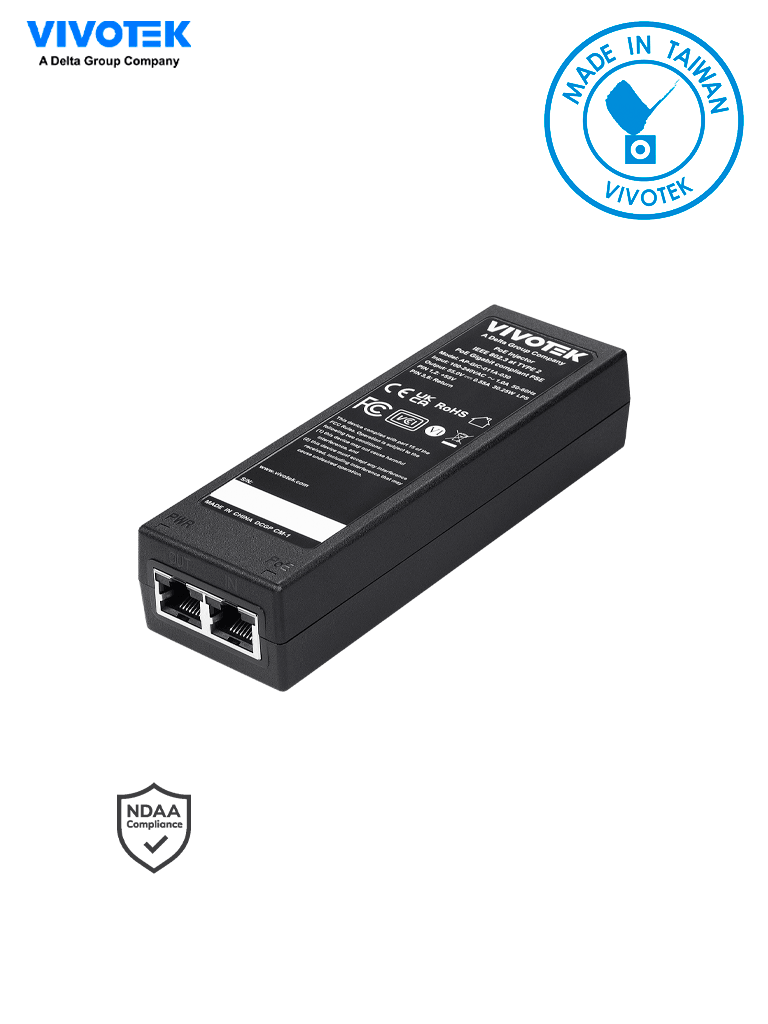 [VIV2350005] VIVOTEK AP-GIC-011A-030 - Inyector PoE Gigabit, 30W, 1 puerto, 802.3af/at, NDAA, 55VDC/0.55A,  Proteccion 6KV