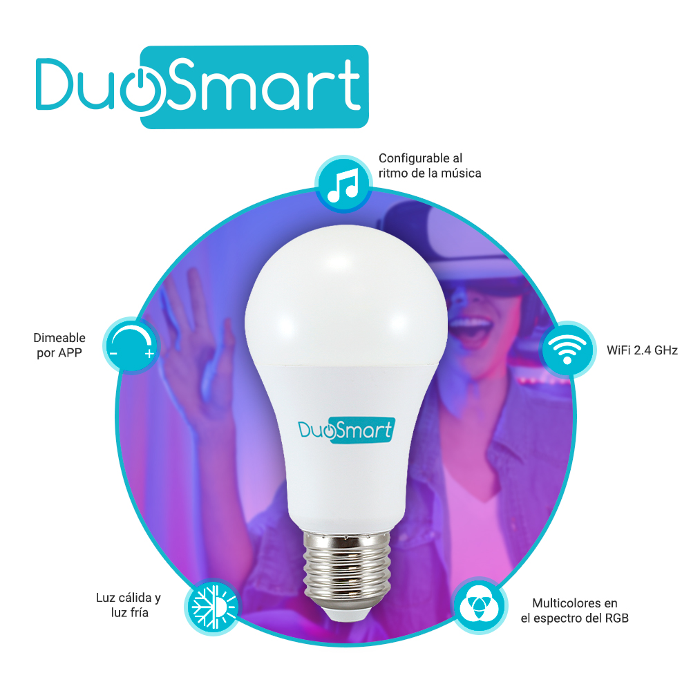 FOCO INTELIGENTE MULTICOLOR RGB WIFI 2.4GHZ DUOSMART S10 COMPATIBLE CON ALEXA Y GOOGLE HOME CON TEMPORIZADORES COMPATIBLE CON ESCENAS DE AUTOMATIZACION EN CONJUNTO CON OTROS DISPOSITIVOS