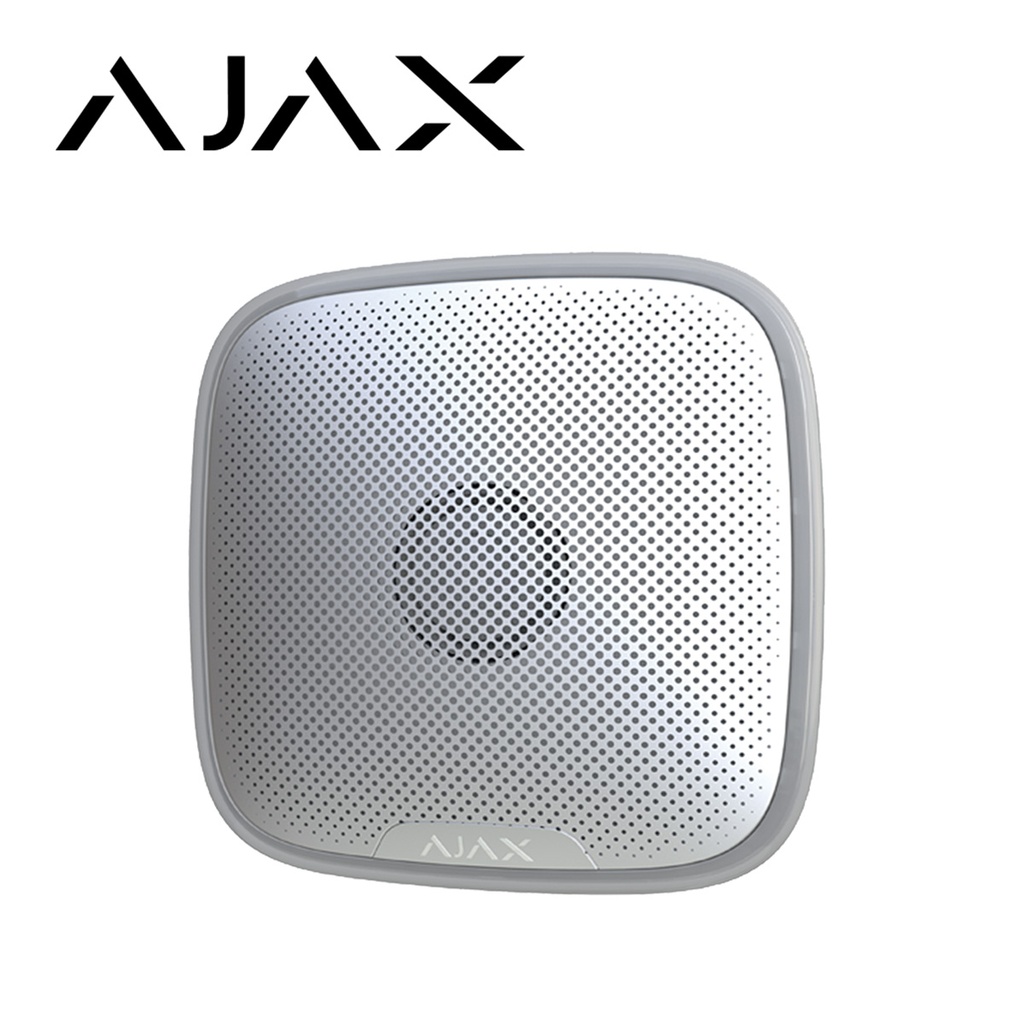 SIRENA INALAMBRICA EXTERIOR AJAX STREETSIREN 85-113dB 30W IP54 TAMPER INTEGRADO, CAPACIDAD DE CONEXIÓN HASTA 1.5KMS CON TECNOLOGIA JEWELLER COLOR BLANCO