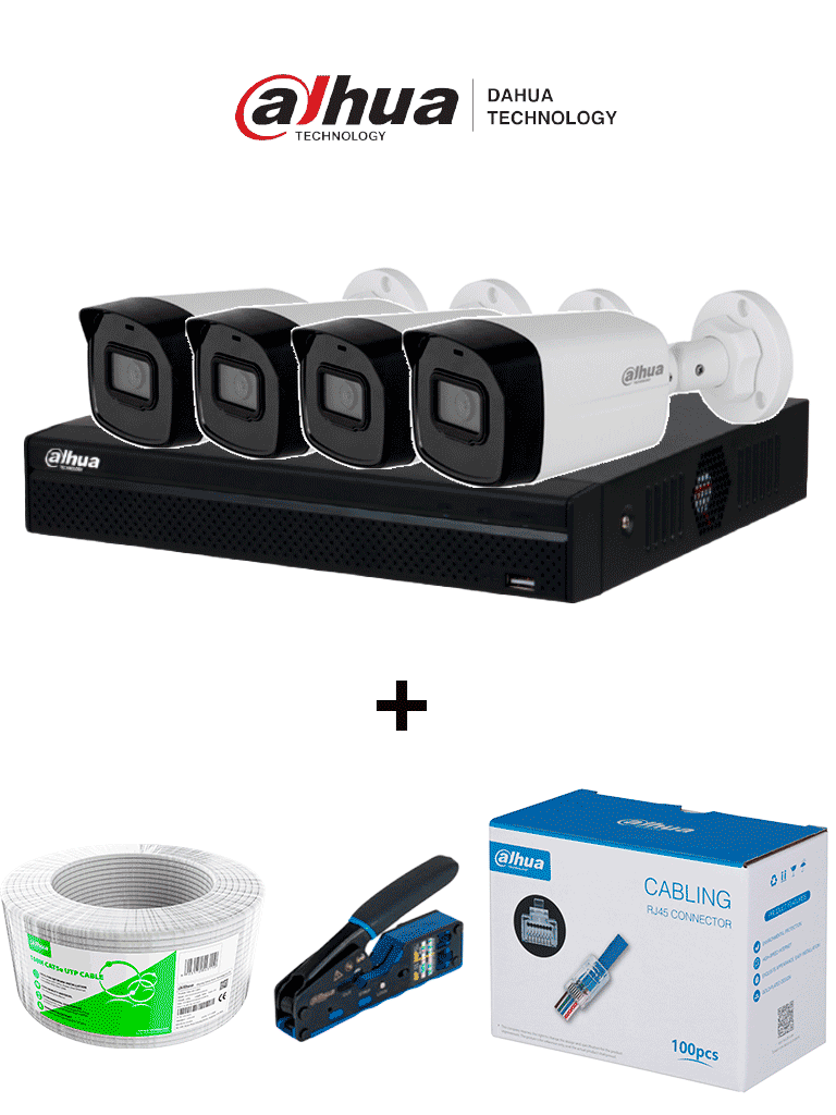 Bundle NVR+4BulletIP -Compra 1 NVR NVR1104HS-P-S3 de 4 Canales y llévate mas 4 cámaras IPC-B1E20  / Bobina de 100 metros/ Caja con 100 Plugs/ Pinza de corte  de Plugs/*No incluye disco duro/