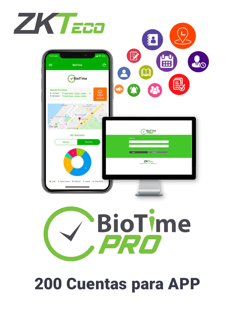 ZKTECO BIOTIMEPROAPPPROFESSIONAL - Licencia Vitalicia de Aplicación Móvil para uso de ZK BIOTIME PRO / Compatible con Celulares ANDROID o  iOS / Soporta 200 Cuentas