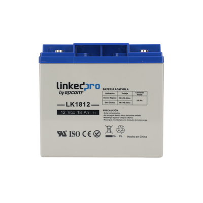 Batería 12 V / 18 Ah / UL / Tecnología AGM / Vida útil promedio de 5 años / Para uso en equipo electrónico, Alarmas de Intrusión / Incendio/ Control de acceso / Video Vigilancia / Terminales T1 