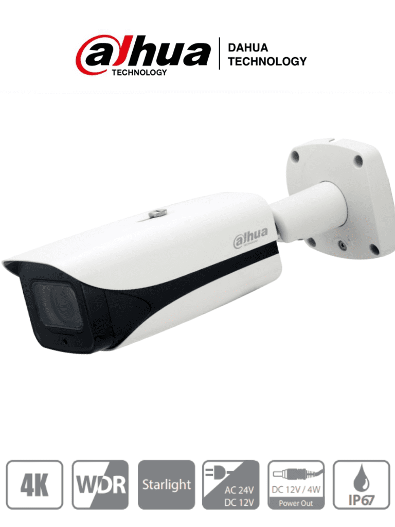 DAHUA HFW3802E-Z-VP - Camara Bullet de 8 Megapixeles/ 4K/ Lente Mtorizado de 3.7 mm a 11 mm/ IR de 100 Mts/ WDR Real de 120 dB/ Voltaje Dual12vdc/24vac/ 1 Salida de 12VDC 4W/ IP67/IK10/ 1 Canal de Audio/ 2&1 E&S de Audio/