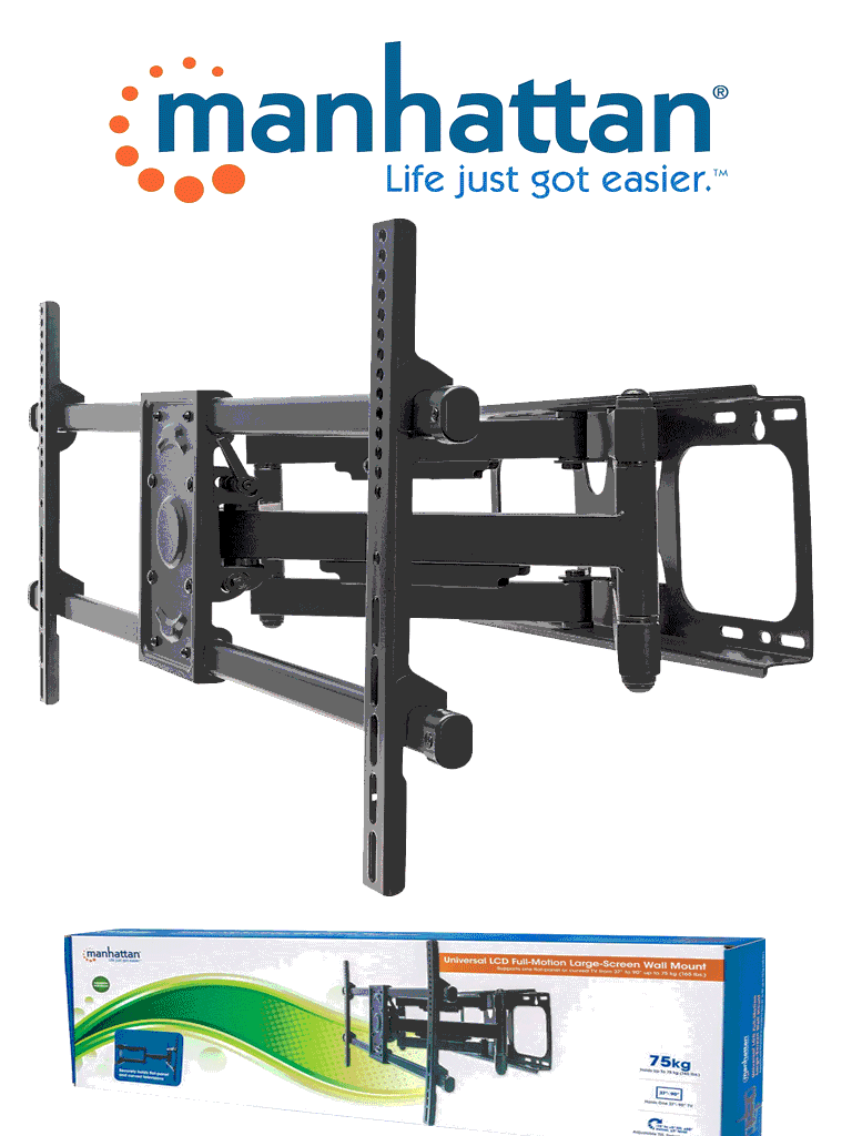 MANHATTAN 461290 - Soporte de pared para pantallas / 37" a 90" / Hasta 75Kg / Ajustes: Girar, Inclinar y Nivelar / Color Negro / Construido en acero reforzado / Desplegable hasta 63.5cm del muro 