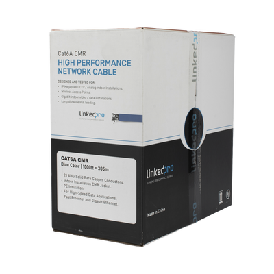 Bobina de cable U/UTP Cat6A de 305 mts, Color Azul, CMR, soporta 10G-BaseT para transmisión de frecuencias de hasta 500MHz, UL