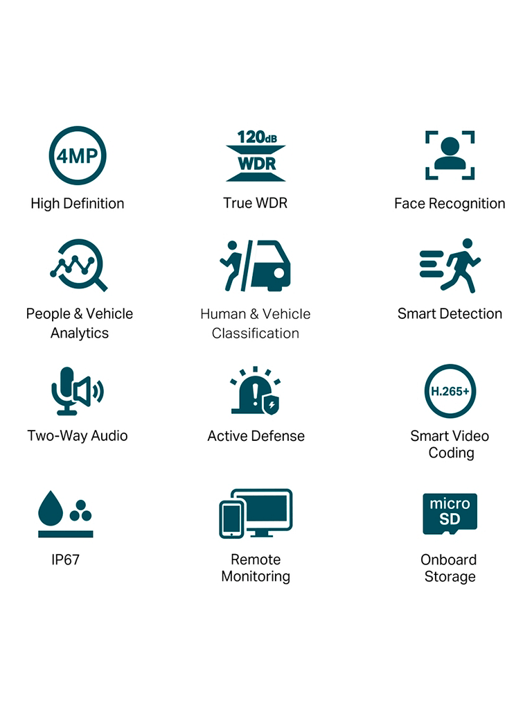 [TPL0030003] VIGI C340S(4mm) - Cámara IP tipo bala para exteriores de 4 MP (reconocimiento rostros),  IP67, Web, PoE/DC 12 V, WDR de 120 dB, micrófono/altavoz integrado, ranura micro-SD, Full Color.