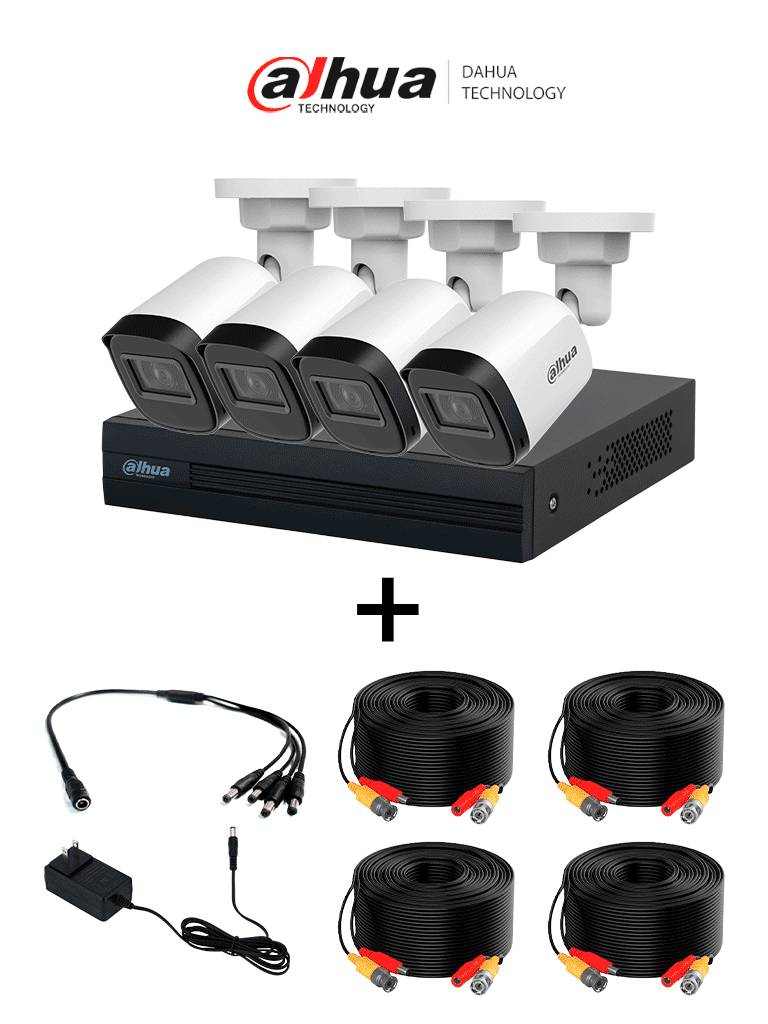 [DHT0250035] DAHUA PAQXVR1B04-I+4B1A21NU-DH-PFM942I-20-5- Paquete de 4 Canales de 2 Megapíxeles/ DVR Cooper-I WizSense con IA/ Compresión H.265+/ 4 cámaras B1A21NU028B/  4 CH + 1 IP o hasta 5 IP/ Incluye 4 Cables DH-PFM942I-20-5/ SMD Plus y Búsqueda de Humanos y Ve