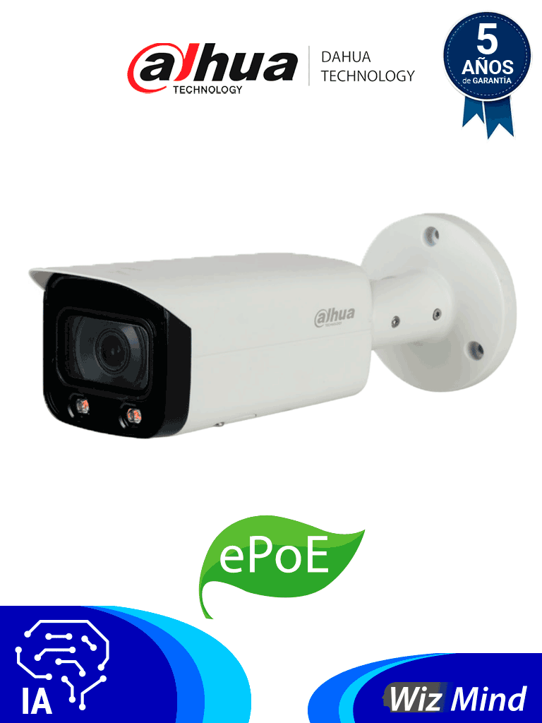 DAHUA IPC-HFW5241TN-AS-LED-0280B - Cámara IP Bullet Resolución de 2 MP/ Lente 2.8 mm/ ∢ 106°/ IR 50 mts/ IA WizMind/ Detección Facial/ Protección Perimetral/ Conteo de Personas/ Starlight/ PoE/ WDR/ H.265/ IP67/ E&S Alarma/ E&S Audio/