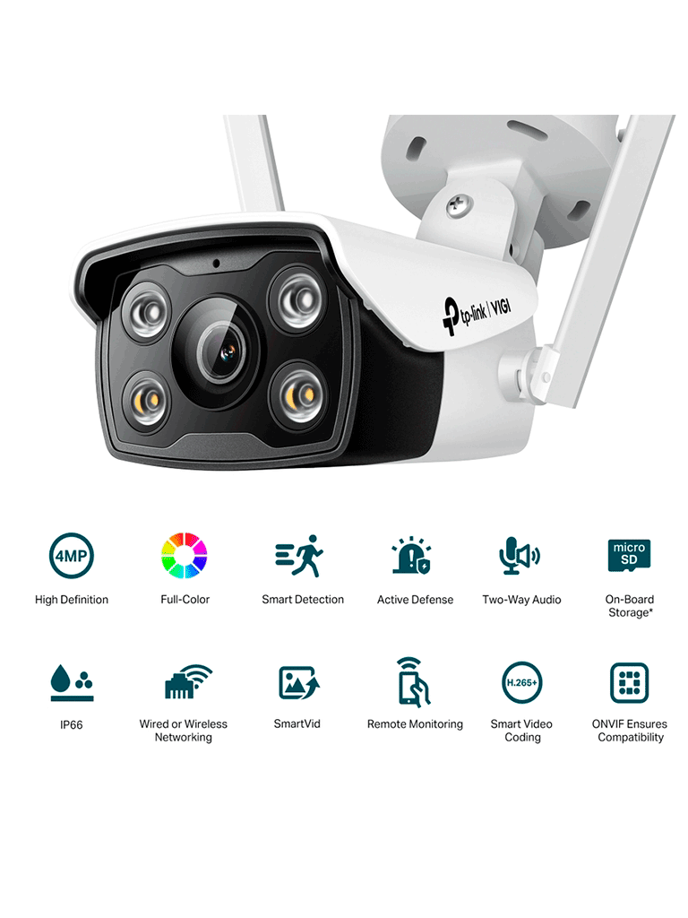 [TPL0150027] VIGI C340-W(4mm) -Cámara IP tipo bala Wi-Fi full color para exteriores de 4 MP, lente fija de 4 mm, micrófono incorporado, altavoz, ranura micro-SD, IP66,  #VIGI