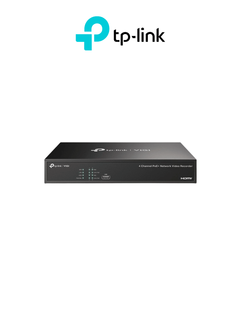 [TPL0180001] TP-LINK VIGI NVR1004H-4P - NVR PoE+ de 4 canales, con salida de video HDMI 4K y capacidad de decodificación de 16MP. Con ancho de banda de 80Mbps, 1 Interfaz SATA de hasta 10TB. Y reproducción simultánea de 4 canales. 