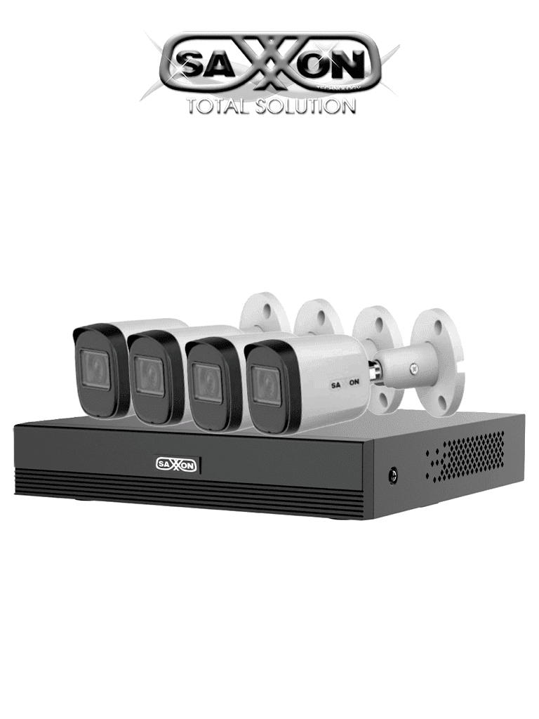 SAXXON SUA-KIT/XVR1E04-I/4-B20M-0280B - Kit de 4 Canales HDCVI 1080P/ 4 Cámaras B20M de 2.8mm con Campo de Visión de Hasta 100°/ Grabador Soporta Hasta 5 Canales IP y Detección de Movimiento Inteligente/  Cámaras Fabricadas en Metal de Alta Duración