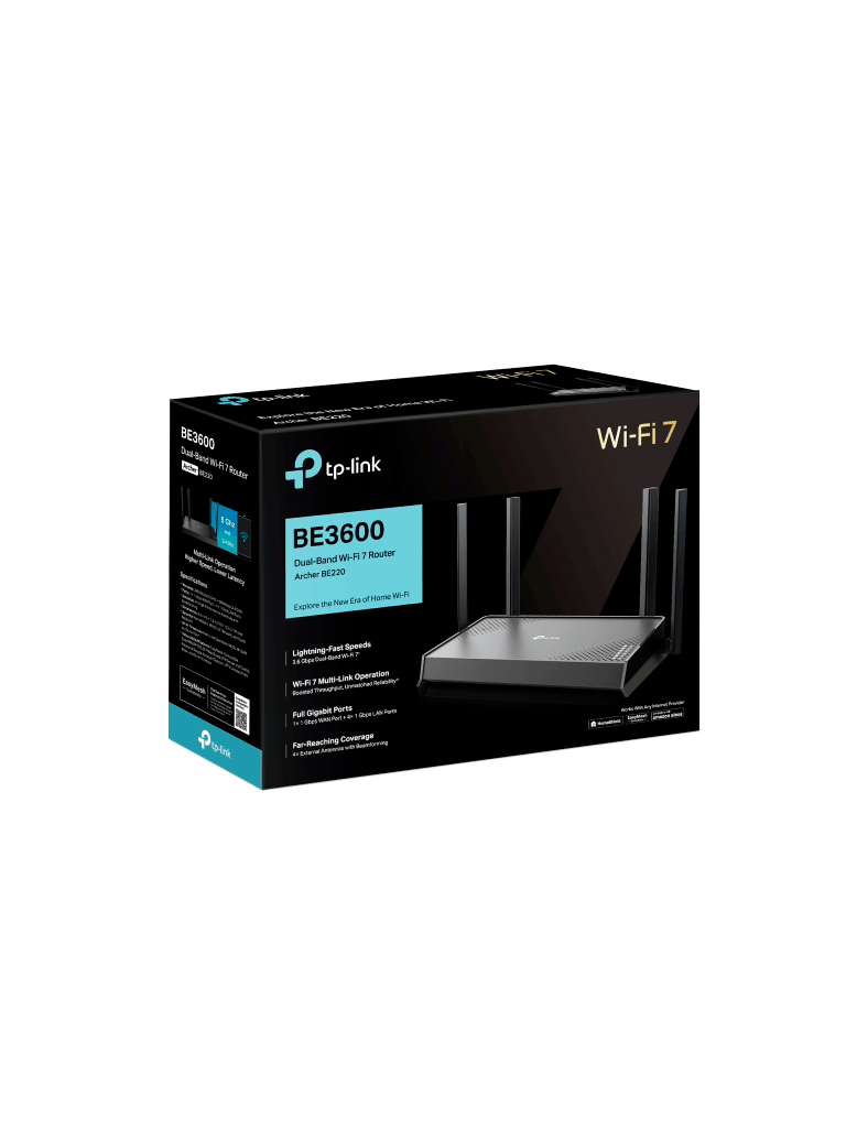 TP-LINK Archer BE220 - Router WiFi 7 de Doble Banda a 3.6 Gbps/ Puertos 1× Puerto WAN de 1 Gbps + 4× puertos LAN de 1 Gbps/ 4× Antenas Externas con Beamforming/ Compatible con EasyMesh