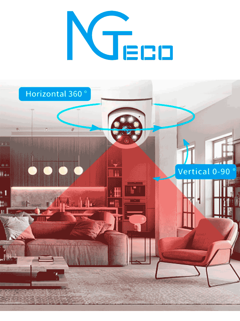[ZKT1320014] NGTECO NGSH01C2IN - Cámara Inteligente WiFi / 3MP / Visión PTZ 355° / Lente HD 4mm / Visión Nocturna IR + Luz Blanca / Audio 2 Vias / Almacenamiento Local y en la Nube / Onvif / Compatible con Alexa y Asistente de Google
