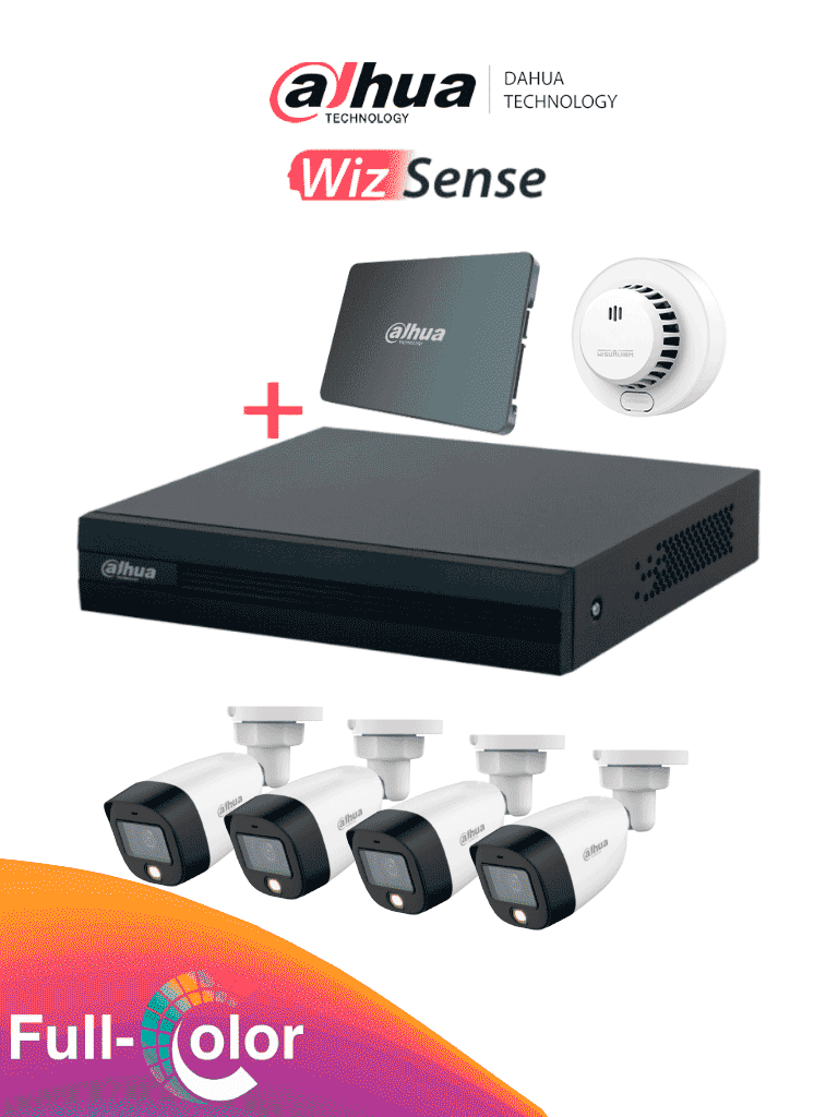 [DHT0250036] DAHUA PAQ-DH-KIT/XVR1B04-I-SSD(512G)/4-H-DHI-HY-SA13A - Kit FullColor de 4 Canales con SSD de 512GB/ 4 Camaras Full Color de 2 Megapixeles con Microfono/ Regalo Detector de Humo Stand Alone DHI-HY-SA13A