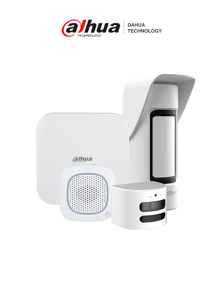 DAHUA KIT HUB 2.0 - Paquete de sistema de alarma inalámbrica, Incluye: panel de alarma HUB2, sirena inalámbrica con audio bidireccional, PIR para exterior y su módulo de cámara HD