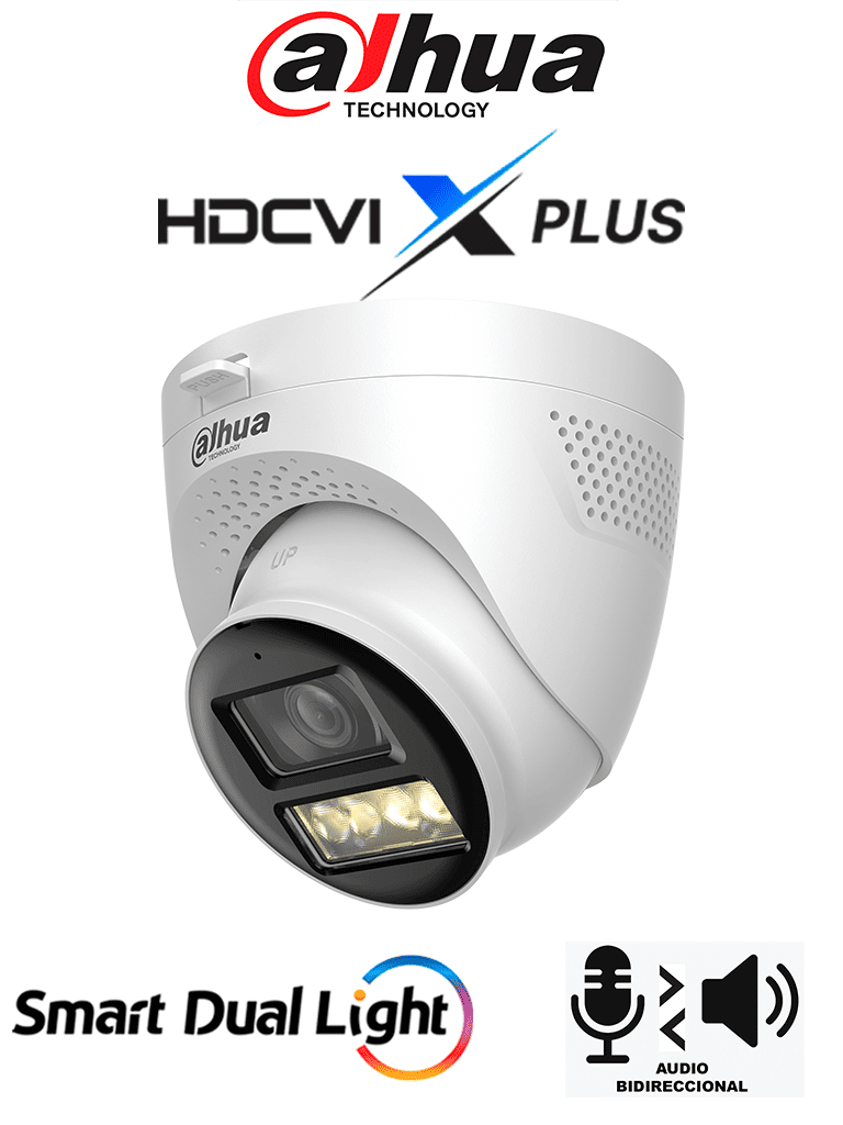 DAHUA DH-HAC-HDW1500TQN-IL-T - Cámara Domo 5MP/ Mic Integrado y Audio Bidirec/ Iluminación Dual Mediante IR y Luz Calida/ Hasta 40 Mts de Iluminación/ Lente de 2.8mm Apertura Hasta 111°/ 3DNR Para Reducción de Ruido/ IP67/ Policarbonato + Metal