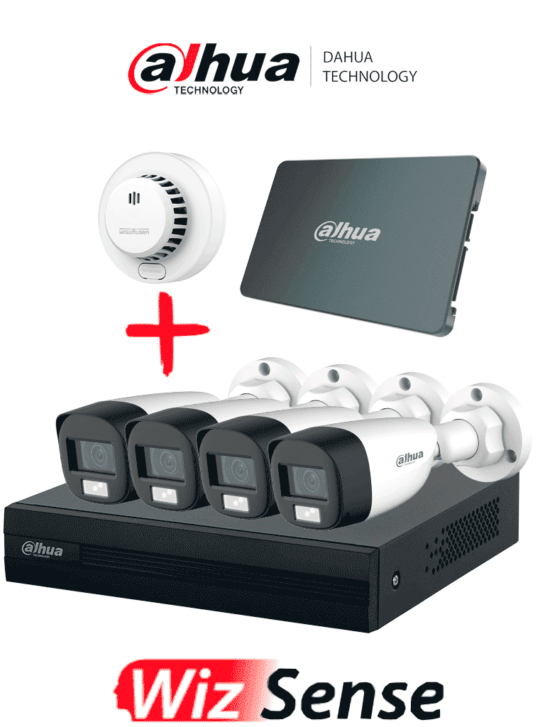DAHUA PAQ-DH-XVR1B04-I/DH-HAC-HFW1200CLN-DHI-HY-SA13A - Kit Iluminación Dual de 4 Canales con SSD de 512GB/ 4 Camaras IL de 2 Megapixeles con Microfono/ Regalo Detector de Humo Stand Alone DHI-HY-SA13A