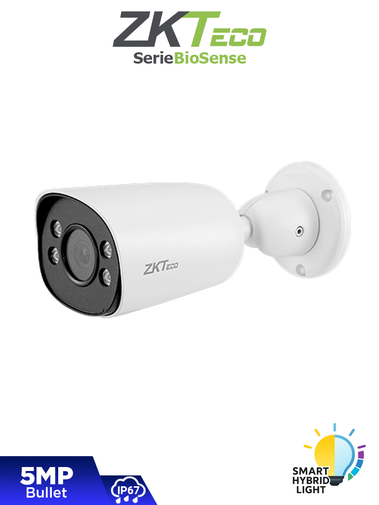 [ZKT0030025] ZKTECO BS-855P32C-S8-MI-S-HL – Cámara IP Bullet Híbrida Inteligente de 5 MP, Serie BioSense, Lente 3.6 mm, Micrófono Integrado, Video Analítico IVA, Visión nocturna híbrida: IR 40 m / Luz blanca 30 m, PoE, IP67, Onvif y Carcasa Metálica