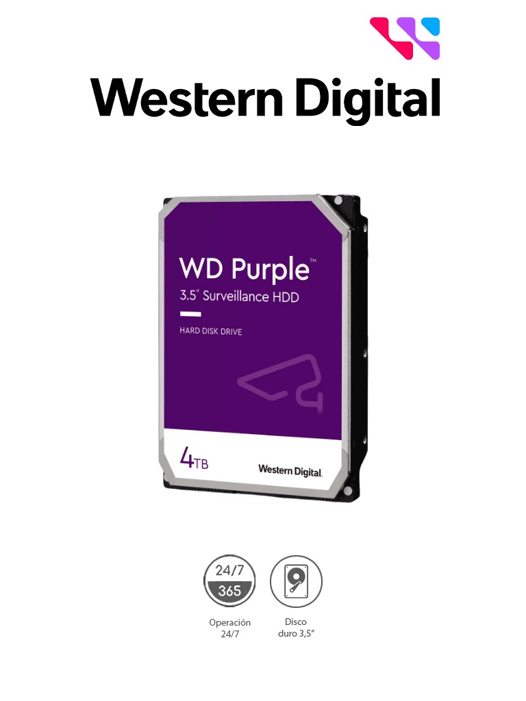 Disco Duro WD Purple Surveillance / 4TB / SATA 6Gb/s / 3.5" / Tecnología AllFrame / 180TB año Workload / Soporte 64 Cámaras HD / 16 Bays / Componentes Anti-Corrosión / 3 Años Garantía