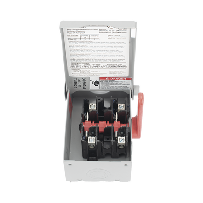[244469]  Interruptor de seguridad cerrado de doble ruptura. Interruptor de serie A, 2 polos, 2 hilos sin fusible, uso general. Nema 3R