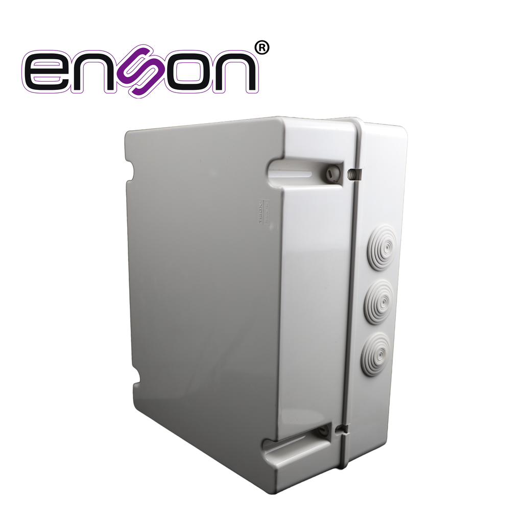 CAJA PLASTICA RECTANGULAR ENSON ENS-NEM30 FABRICADA EN PLASTICO ABS GRIS / MEDIDAS 300 × 380 × 160 MM / GRADO DE PROTECCION IP55 / TAPA FIJADA CON TORNILLOS PLASTICOS PARA MAYOR HERMETICIDAD / DISENADA PARA INSTALACIONES ELECTRICAS Y ELECTRONICAS / COMPATIBLE EN GLANDULA ENS-CG40