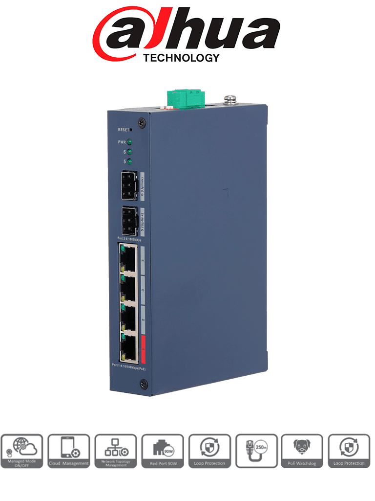 [DHT3720076] DAHUA DH-CHS4206-4ET-90 - Switch PoE de 6 Puertos Semi Industrial/ 4 Ptos Downlink PoE/ 2 Ptos Uplink SFP Gigabit/ Hasta 120W Totales/ 802.3AF & AT/ 1 Pto Hasta 90W/ Administrable Cloud Vía Dolink Care