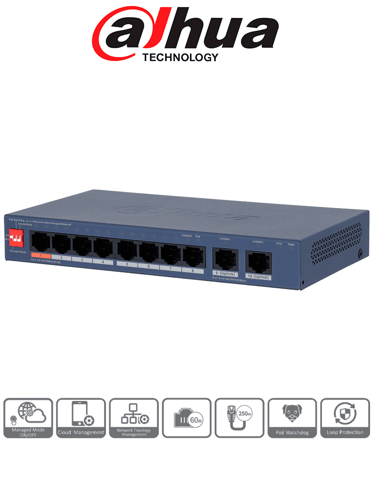 DAHUA DH-CS4010-8ET2GT-60 - Switch PoE de 10 Puertos / 60Watts Totales/ 1 Pto Hasta 60W/ 2 Puertos Uplink GE RJ45/ Switching 4.8Gbps/ Administrable en la Nube por DoLynk Care