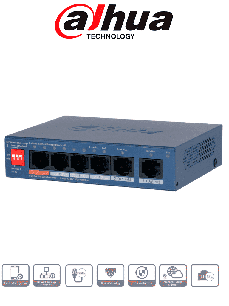 [DHT3720069] DAHUA DH-CS4006-4ET2GT-60 - Switch PoE de 6 Puertos Administrable/ 4 Puertos PoE Downlink 10 & 100/ 2 Puertos Uplink GE/ 60 Watts Totales/ Administrable en la Nube Dolink Care / PoE Hasta 250 Metros/ Carcasa Metalica/ Switching 4.8 Gbps/