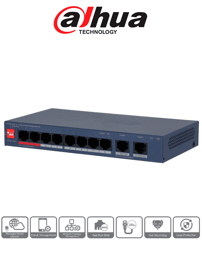 [DHT3720070] DAHUA DH-CS4010-8ET2GT-110 - Switch PoE de 10 Puertos/ 8 Puertos PoE 10 & 100/ 2 Puertos Uplink GE/ 2 Puertos PoE con Suministro de Hasta 90W/ 110 Watts Totales/ Administrable en la Nube por DoLynk Care/ PoE 250 Metros/ Metal/ Switching 5.6 Gbps/