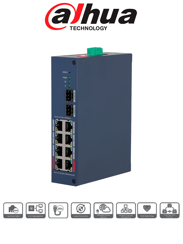 [DHT3720073] DAHUA DH-CHS4210-8GT-110 - Switch PoE Gigabit/ 8 Puertos PoE GE/ 2 Puertos Uplink SFP/ 1 Puertos Uplink RJ45 GE/ 120 Watts Totales/ 2 Ptos Hasta 90W/ Administrable en la Nube por Dolink Care/ Switching 33 Gbps