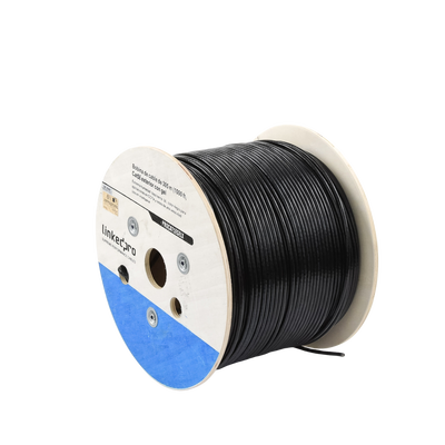 [80537] Bobina de cable de 305 m, Cat5E, con gel, para intemperie, doble forro extrema humedad, bajo tierra, UL, color negro para aplicaciones en video vigilancia, y redes de alta velocidad.