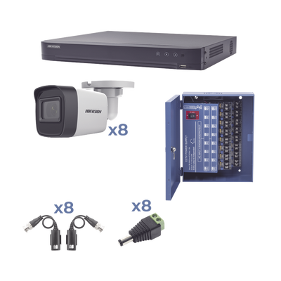 [93211] KIT TurboHD 1080p / DVR 8 Canales / 8 Cámaras Bala (exterior 2.8 mm) / Transceptores / Conectores / Fuente de Poder Profesional hasta 15 Vcc para Larga Distancia