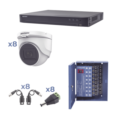 [170631] Kit TURBOHD 1080p / DVR 8 Canales / 8 Cámaras Turret (exterior 2.8 mm) / Conectores / Transceptores / Fuente de Poder Profesional hasta 15 Vcc para Larga Distancia