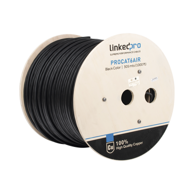 [167016] Bobina de cable FTP con Mensajero de Acero de 305 m Cat6+ CALIBRE 23, color negro, para aplicaciones en video vigilancia y redes de datos / Uso en Intemperie y aplicaciones Aéreas