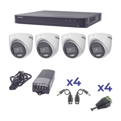 [198487] KIT COLORVU TURBOHD 1080p / DVR 4 Canales / 4 Cámaras eyeball (exterior) lente 2.8mm / Fuente de poder profesional / Transceptores de video y Accesorios de corriente