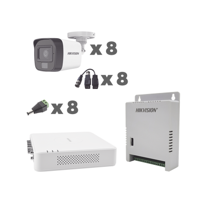 [214370] KIT TurboHD 1080p / DVR 8 Canales con audio por coaxitron / 8 Cámaras con Micrófono Integrado 101° Visión/  luz blanca + IR visión nocturna  / Transceptores / Conectores / Fuente de Poder Profesional