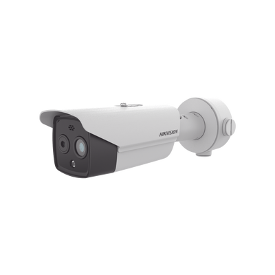 [204706] Bala IP Dual / Térmica 6.9 mm (256 x 192) / Óptico 6.4 mm (4 Megapixel) / 30 mts IR / Exterior IP67 / PoE / Termométrica / Detección de Temperatura / Sirena y Luz Intermitente Integrada / microSD