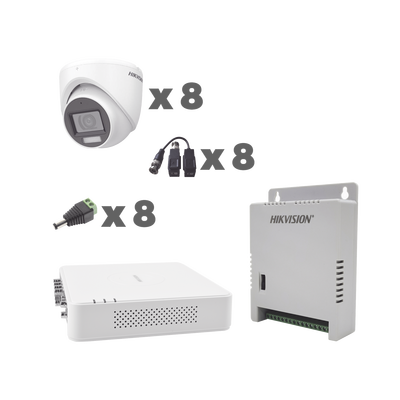 [214371] KIT TurboHD 1080p / DVR 8 Canales con audio por coaxitron / 8 Cámaras con Micrófono Integrado 106° Visión/  luz blanca + IR visión nocturna  / Transceptores / Conectores / Fuente de Poder Profesional